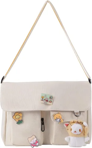 Canvas Crossbody Bag with Kawaii Pins and Pendent for Women Girls Casual Shoulder Messenger Bag Students Schoolbag