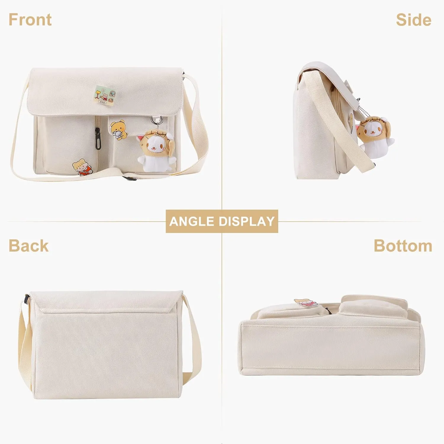 Canvas Crossbody Bag with Kawaii Pins and Pendent for Women Girls Casual Shoulder Messenger Bag Students Schoolbag
