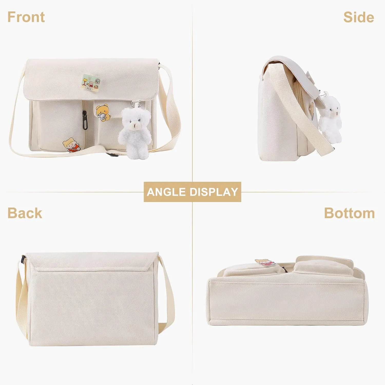 Canvas Crossbody Bag with Kawaii Pins and Pendent for Women Girls Casual Shoulder Messenger Bag Students Schoolbag