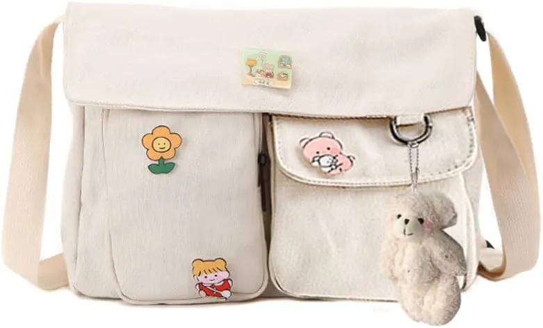 Canvas Crossbody Bag with Kawaii Pins and Pendent for Women Girls Casual Shoulder Messenger Bag Students Schoolbag