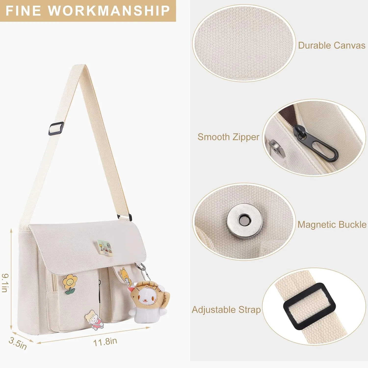 Canvas Crossbody Bag with Kawaii Pins and Pendent for Women Girls Casual Shoulder Messenger Bag Students Schoolbag