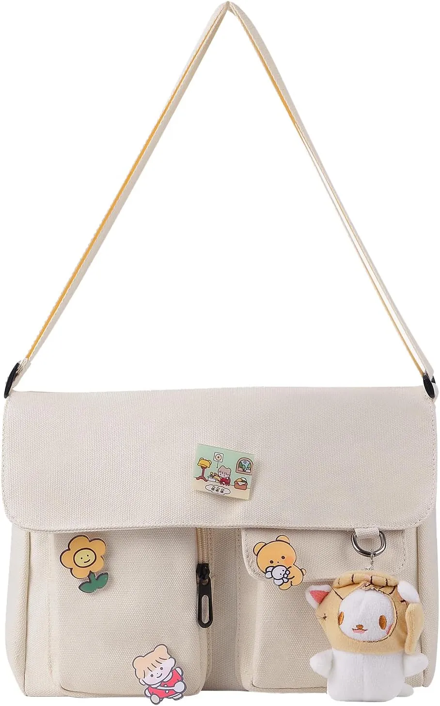 Canvas Crossbody Bag with Kawaii Pins and Pendent for Women Girls Casual Shoulder Messenger Bag Students Schoolbag