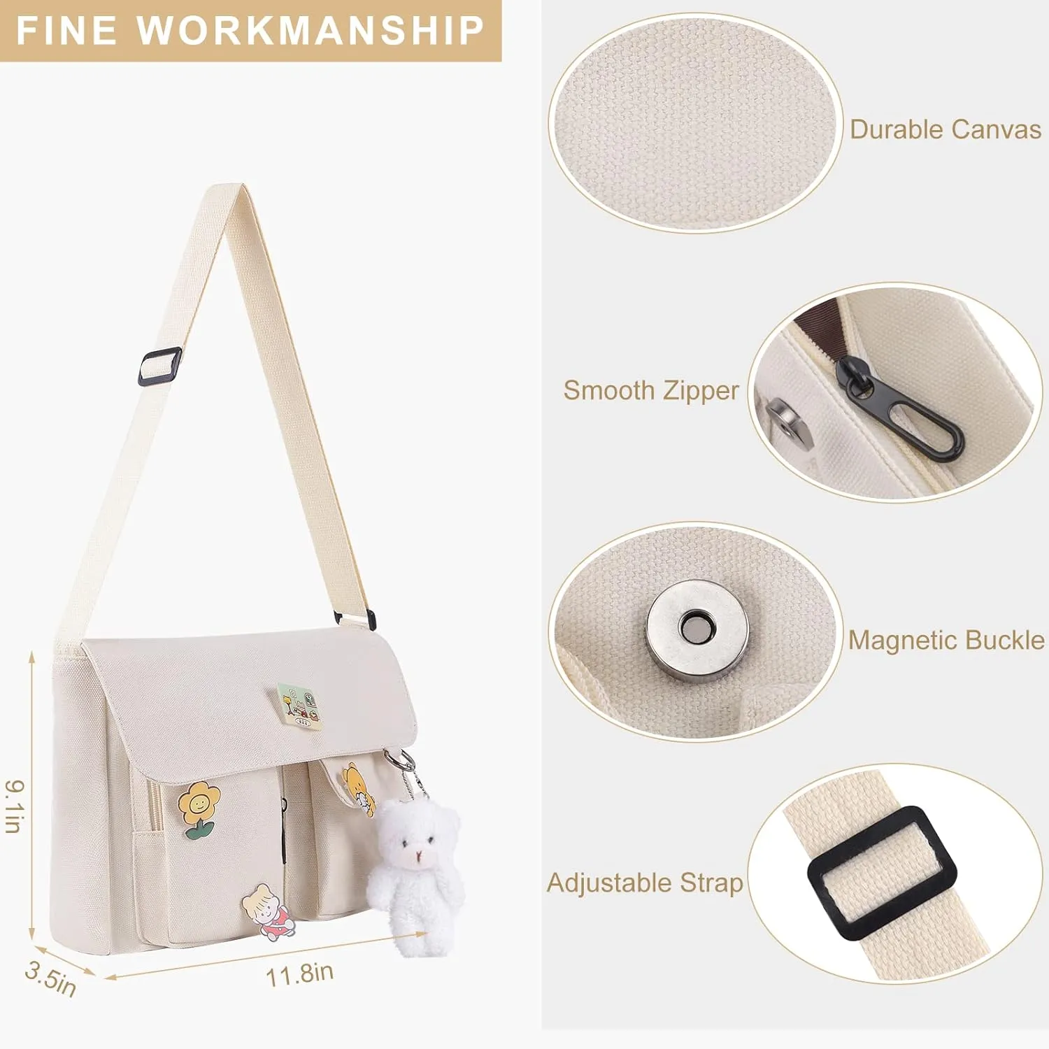Canvas Crossbody Bag with Kawaii Pins and Pendent for Women Girls Casual Shoulder Messenger Bag Students Schoolbag