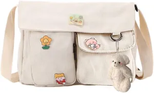 Canvas Crossbody Bag with Kawaii Pins and Pendent for Women Girls Casual Shoulder Messenger Bag Students Schoolbag