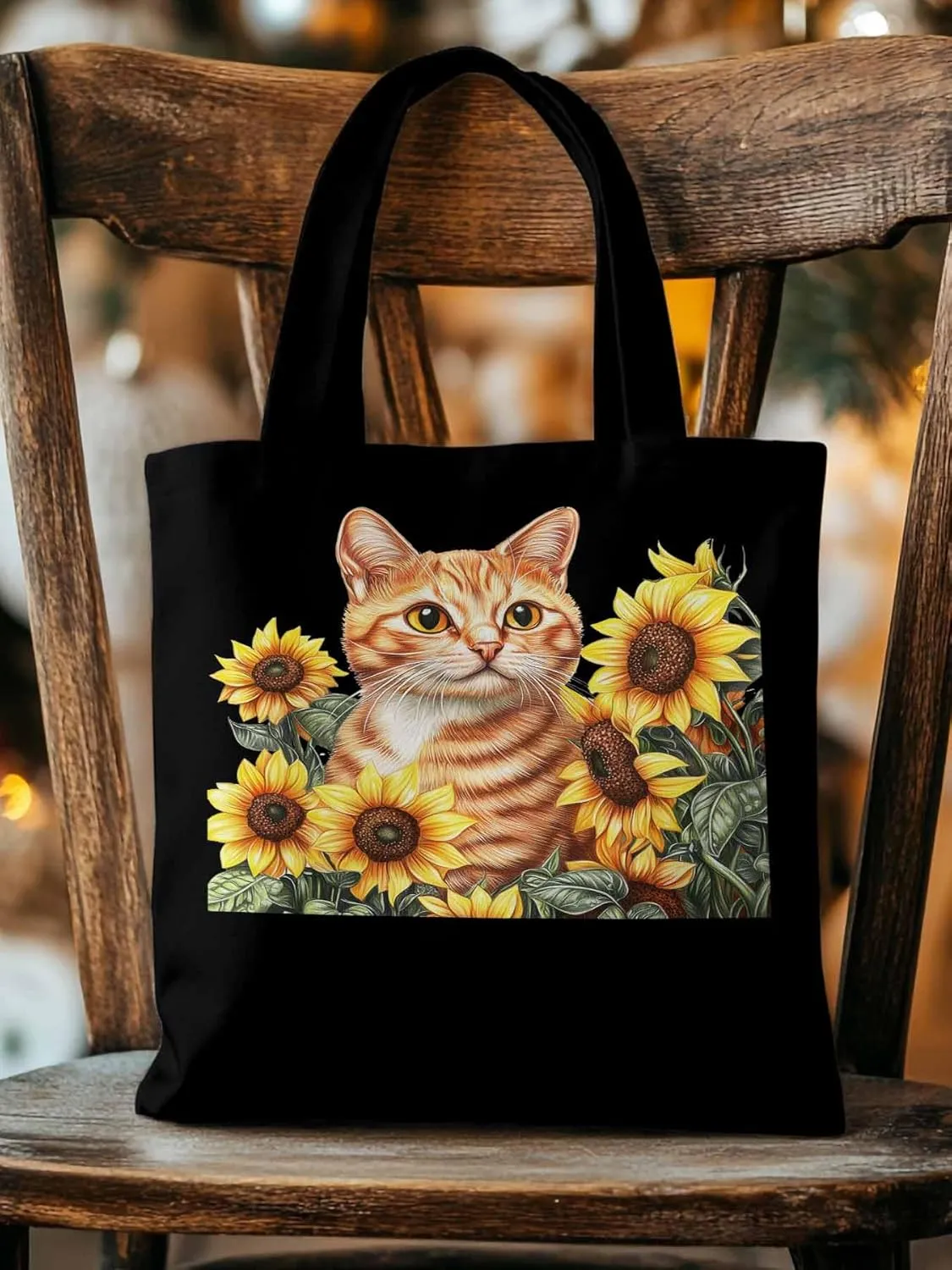 Canvas Tote Bag, Farmhouse Cat Sunflower Aesthetic Canvas Tote Handbags for Women Shoulder Bag