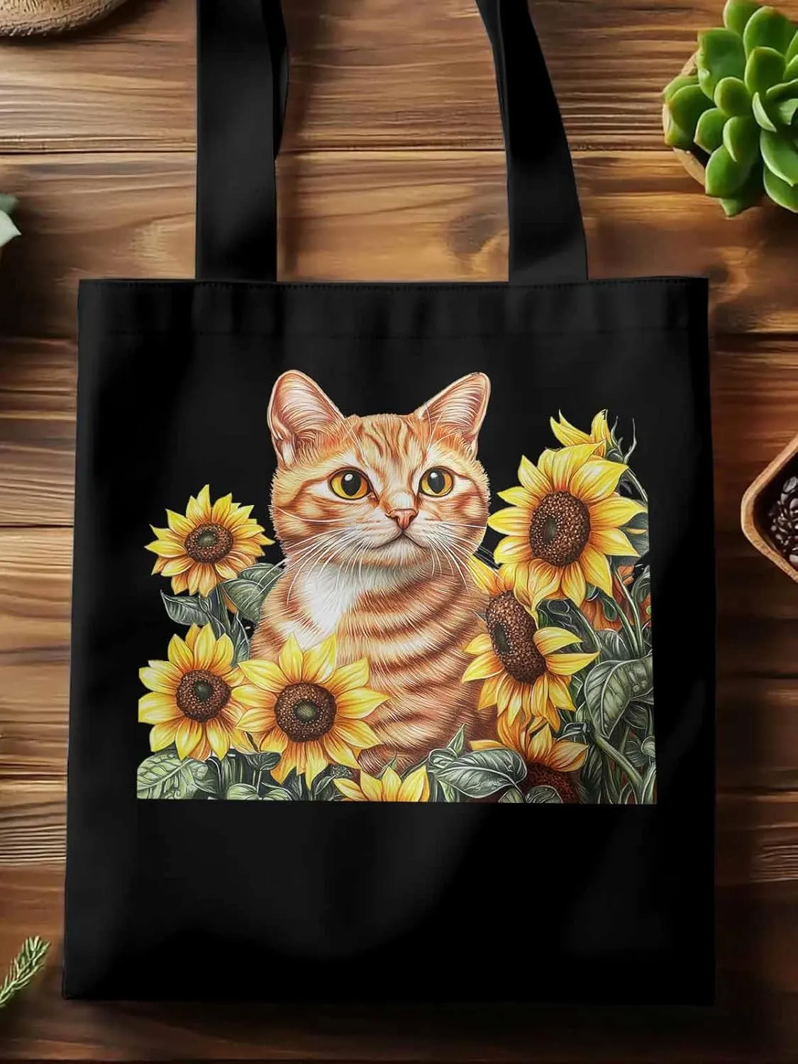 Canvas Tote Bag, Farmhouse Cat Sunflower Aesthetic Canvas Tote Handbags for Women Shoulder Bag