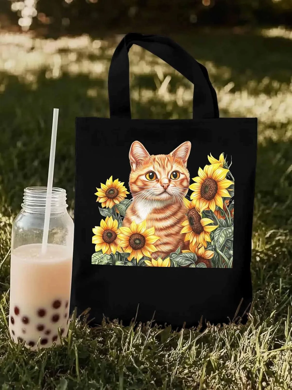 Canvas Tote Bag, Farmhouse Cat Sunflower Aesthetic Canvas Tote Handbags for Women Shoulder Bag