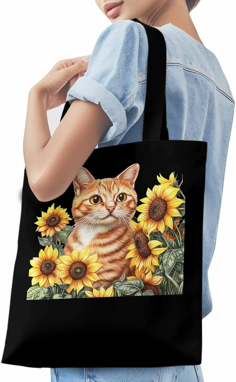 Canvas Tote Bag, Farmhouse Cat Sunflower Aesthetic Canvas Tote Handbags for Women Shoulder Bag