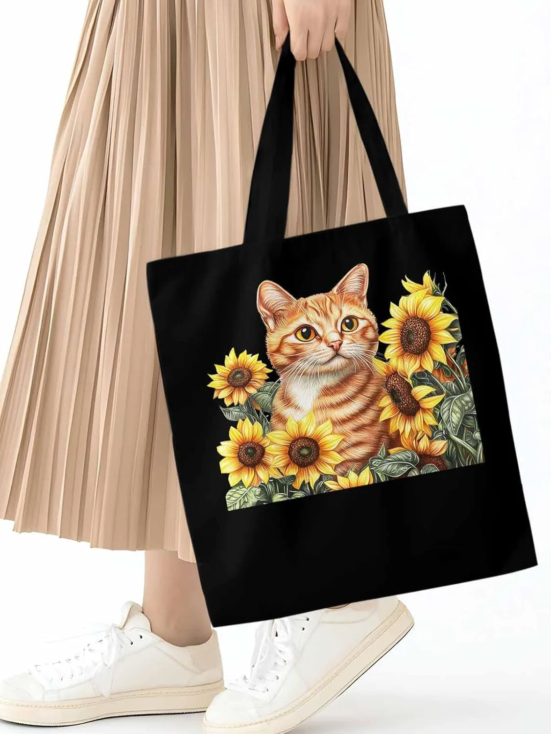 Canvas Tote Bag, Farmhouse Cat Sunflower Aesthetic Canvas Tote Handbags for Women Shoulder Bag