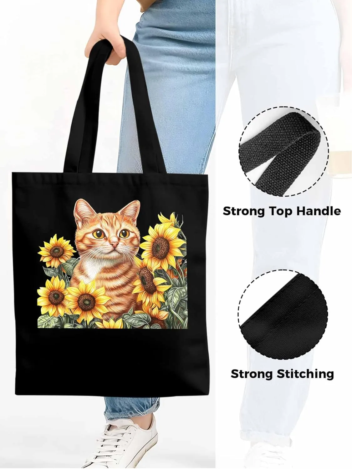 Canvas Tote Bag, Farmhouse Cat Sunflower Aesthetic Canvas Tote Handbags for Women Shoulder Bag