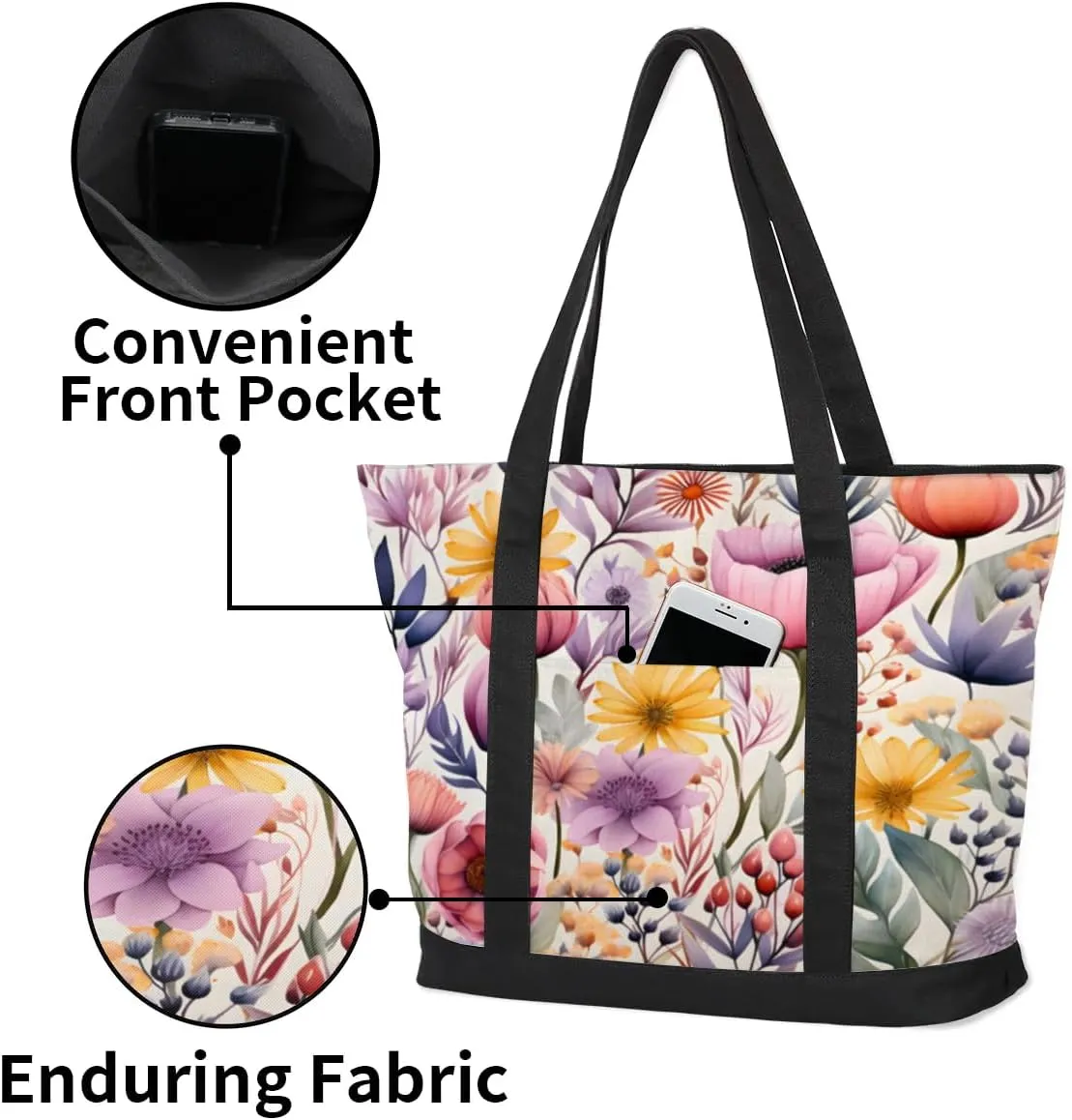Canvas Tote Bag for Women Flower Reusable Grocery Shopping Bag with Zipper Women Gift