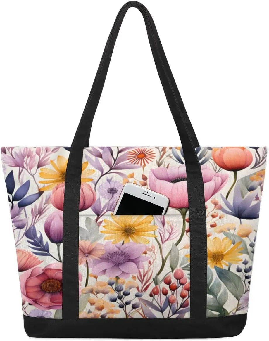 Canvas Tote Bag for Women Flower Reusable Grocery Shopping Bag with Zipper Women Gift