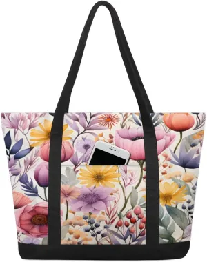 Canvas Tote Bag for Women Flower Reusable Grocery Shopping Bag with Zipper Women Gift