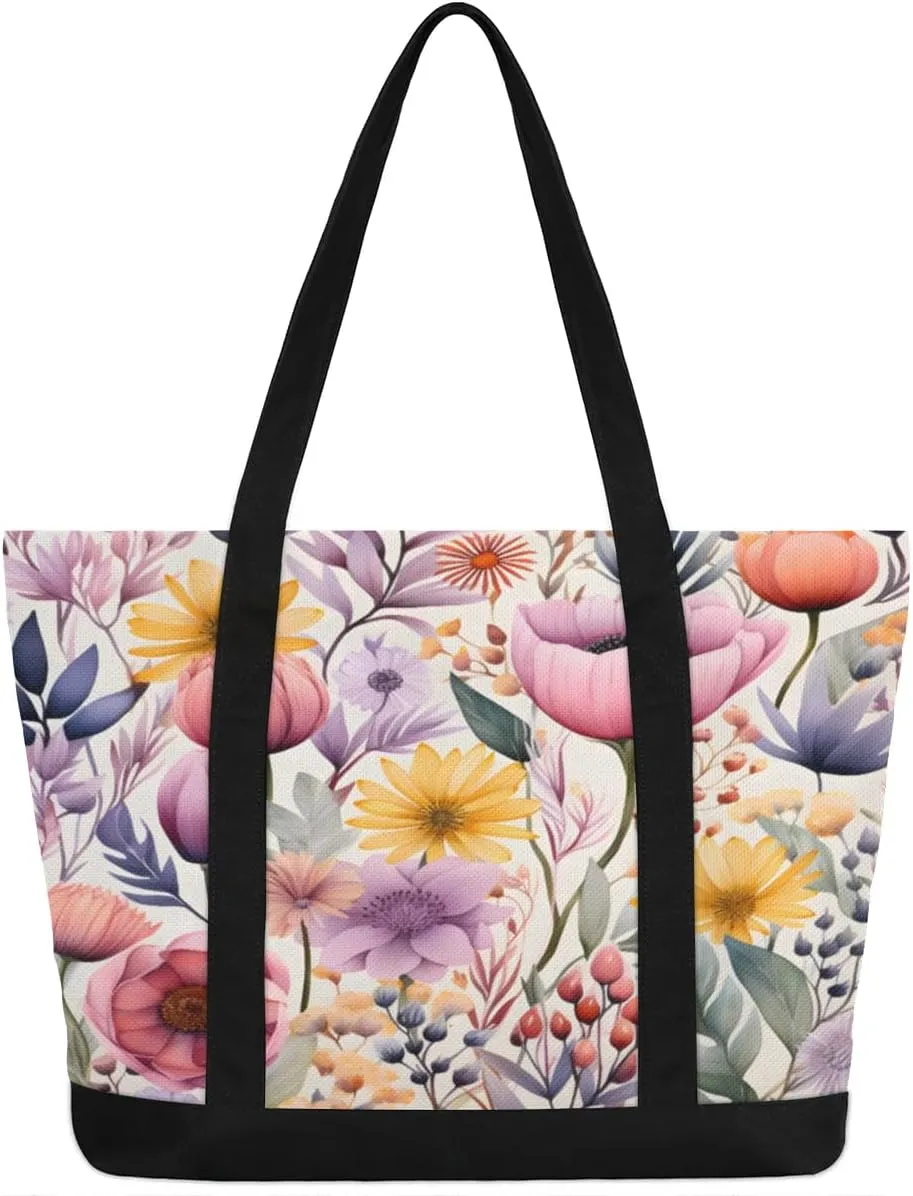 Canvas Tote Bag for Women Flower Reusable Grocery Shopping Bag with Zipper Women Gift