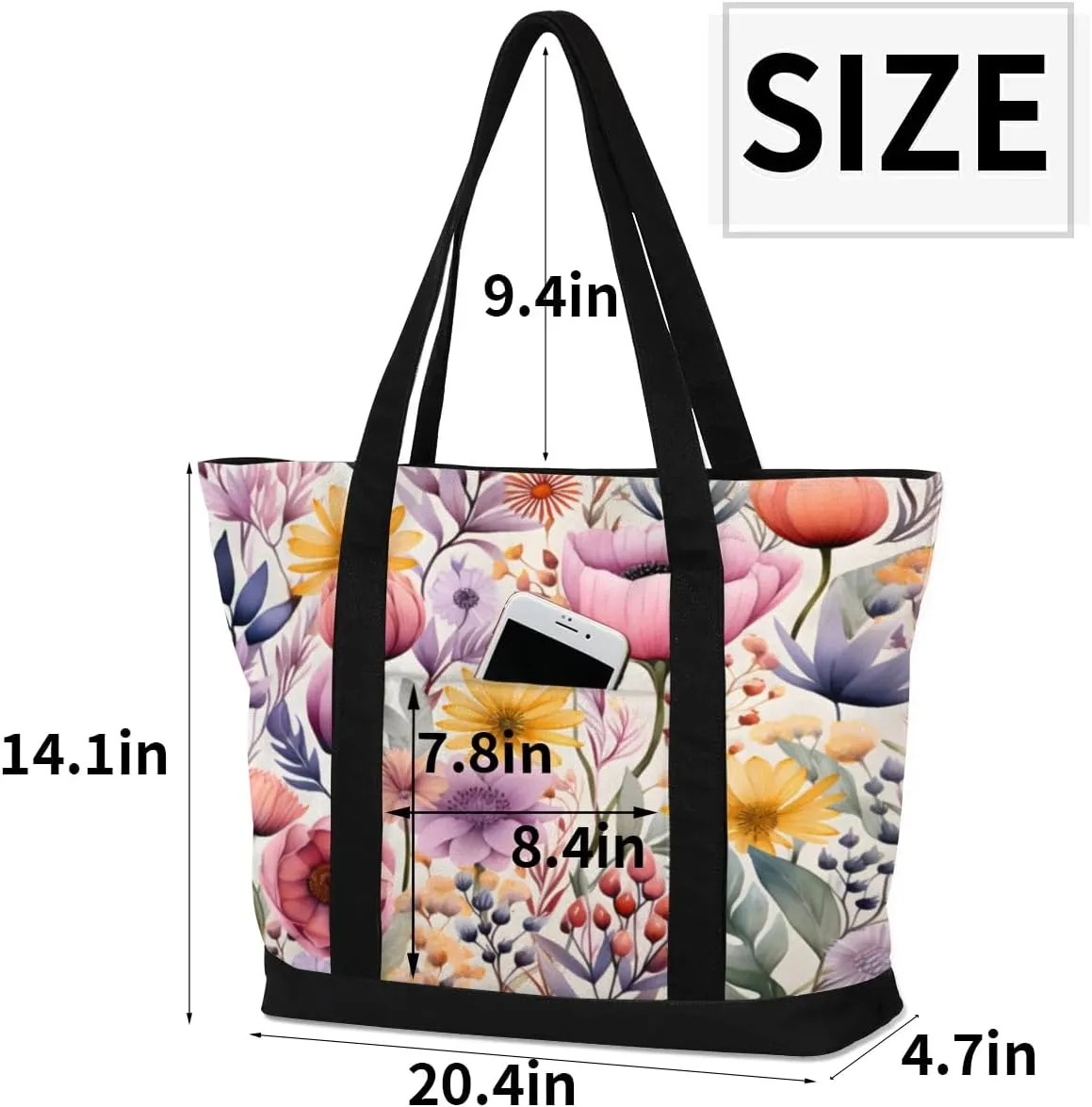 Canvas Tote Bag for Women Flower Reusable Grocery Shopping Bag with Zipper Women Gift