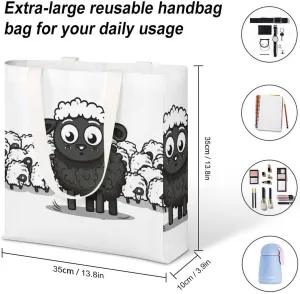 Canvas Tote Bag Lightweight Reusable Tote Handbag Cartoon Black White Sheep Shoulder Bag Grocery Shopping Bag