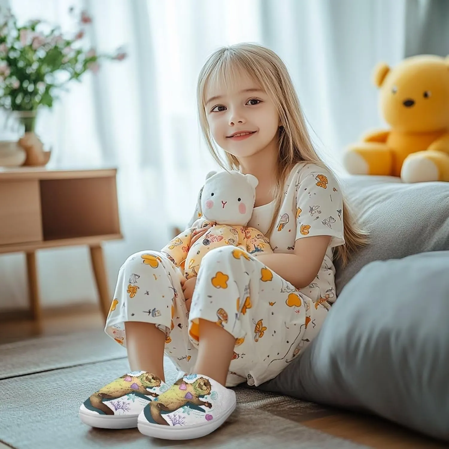 Cartoon Animals Plush Slippers for Kids Warm Fuzzy Indoor Shoes Boys Girls Cozy Winter Slippers Closed Toe Bedroom Soft Non Slip House Slippers US Size 9-15
