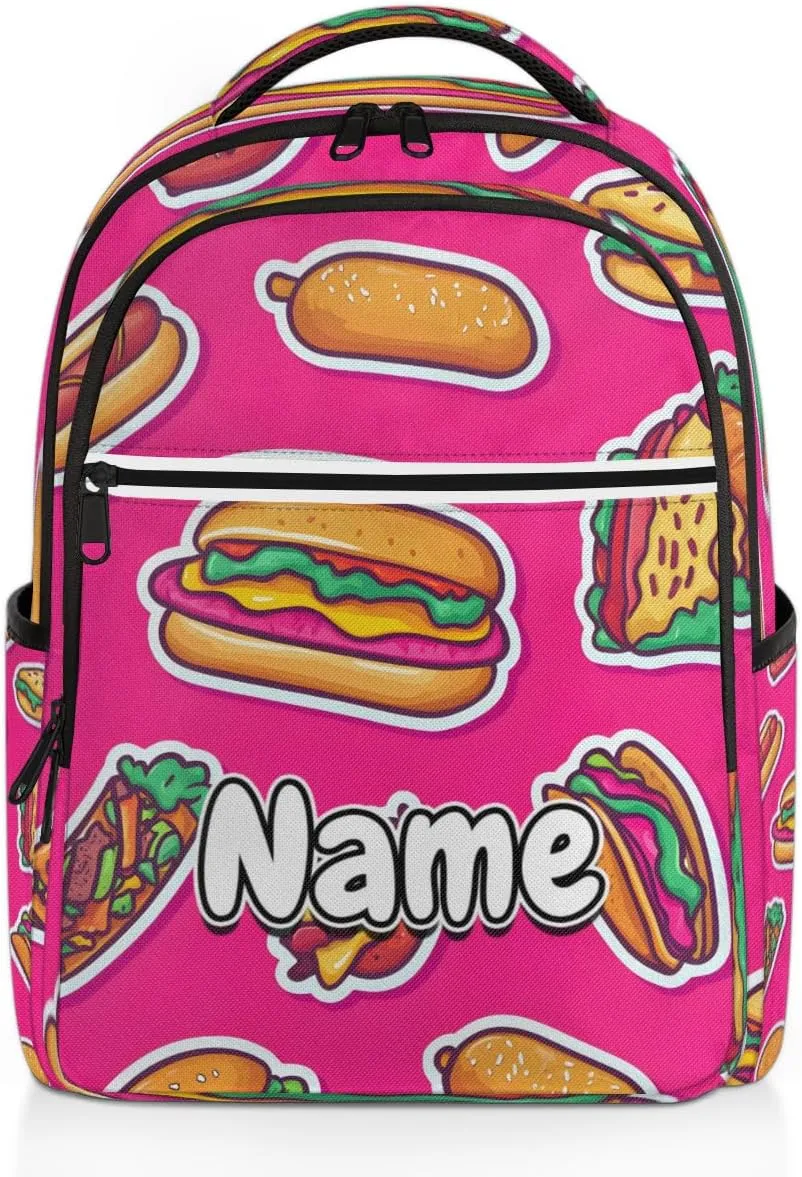Cartoon Burgers Personalized Laptop Backpack with Name Custom Shoulder Bags for Women Men Waterproof Travel Casual Daypack Laptop Bag Gifts 16.1in