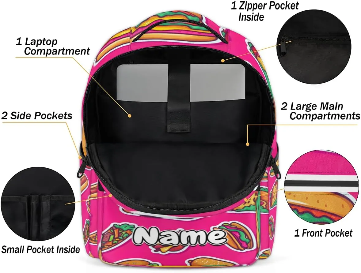 Cartoon Burgers Personalized Laptop Backpack with Name Custom Shoulder Bags for Women Men Waterproof Travel Casual Daypack Laptop Bag Gifts 16.1in