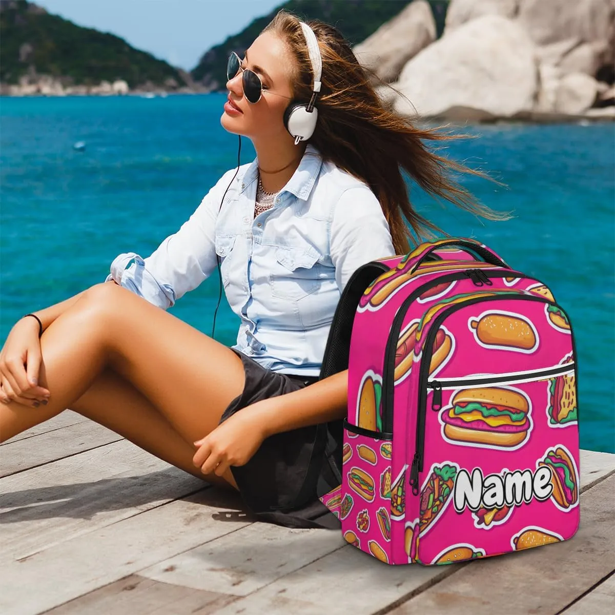 Cartoon Burgers Personalized Laptop Backpack with Name Custom Shoulder Bags for Women Men Waterproof Travel Casual Daypack Laptop Bag Gifts 16.1in