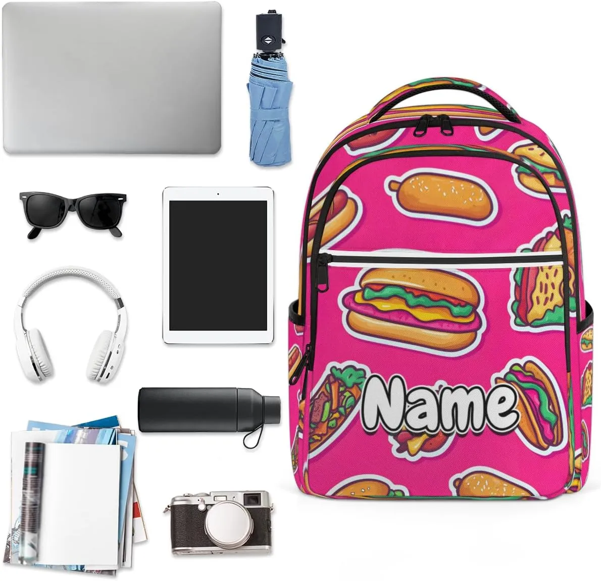 Cartoon Burgers Personalized Laptop Backpack with Name Custom Shoulder Bags for Women Men Waterproof Travel Casual Daypack Laptop Bag Gifts 16.1in