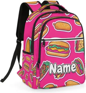 Cartoon Burgers Personalized Laptop Backpack with Name Custom Shoulder Bags for Women Men Waterproof Travel Casual Daypack Laptop Bag Gifts 16.1in