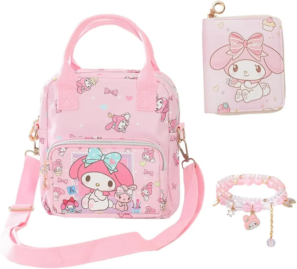 Cartoon Mini Crossbody Bag, Cute Mini Wallet for Women and Girl, PU Messenger Shoulder Bag Purse and Bracelet, 3Pcs