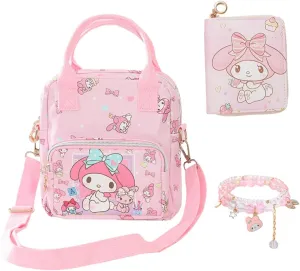 Cartoon Mini Crossbody Bag, Cute Mini Wallet for Women and Girl, PU Messenger Shoulder Bag Purse and Bracelet, 3Pcs