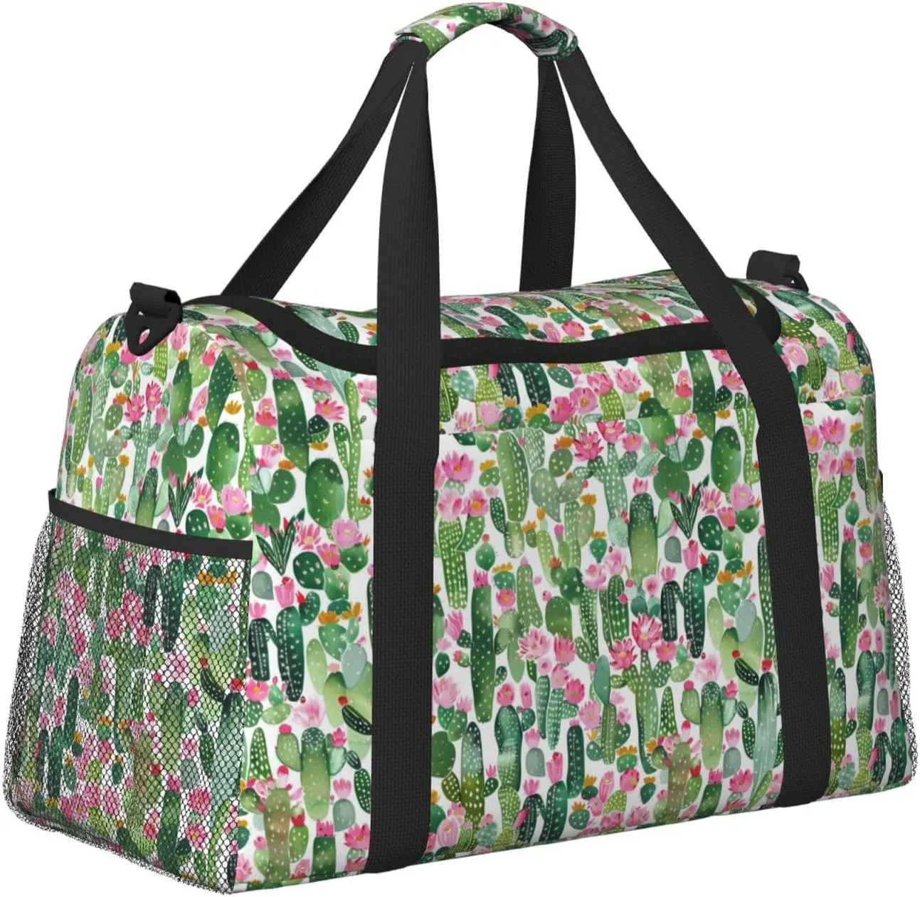 Cartoon Tropical Plant Big Capacity Sports Gym Bag Portable Travel Duffle Bag, Cactus Flowers Lightweight Weekender Workout Bag for Overnight, Unisex