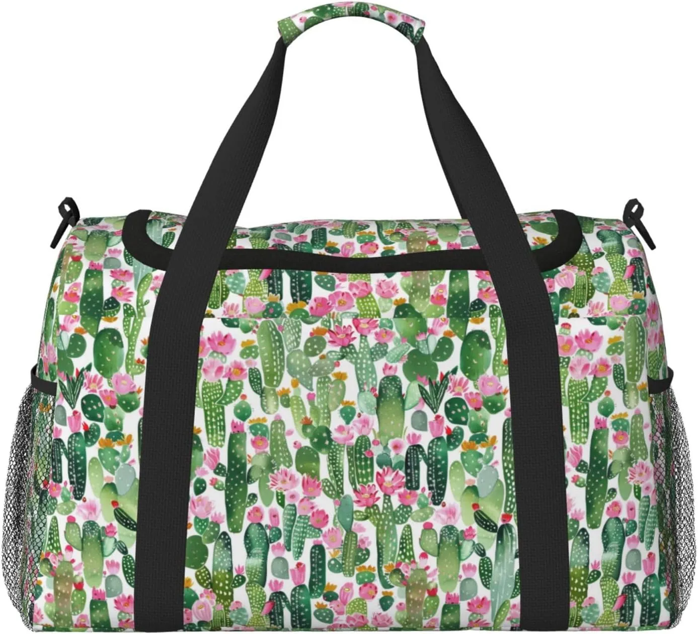 Cartoon Tropical Plant Big Capacity Sports Gym Bag Portable Travel Duffle Bag, Cactus Flowers Lightweight Weekender Workout Bag for Overnight, Unisex