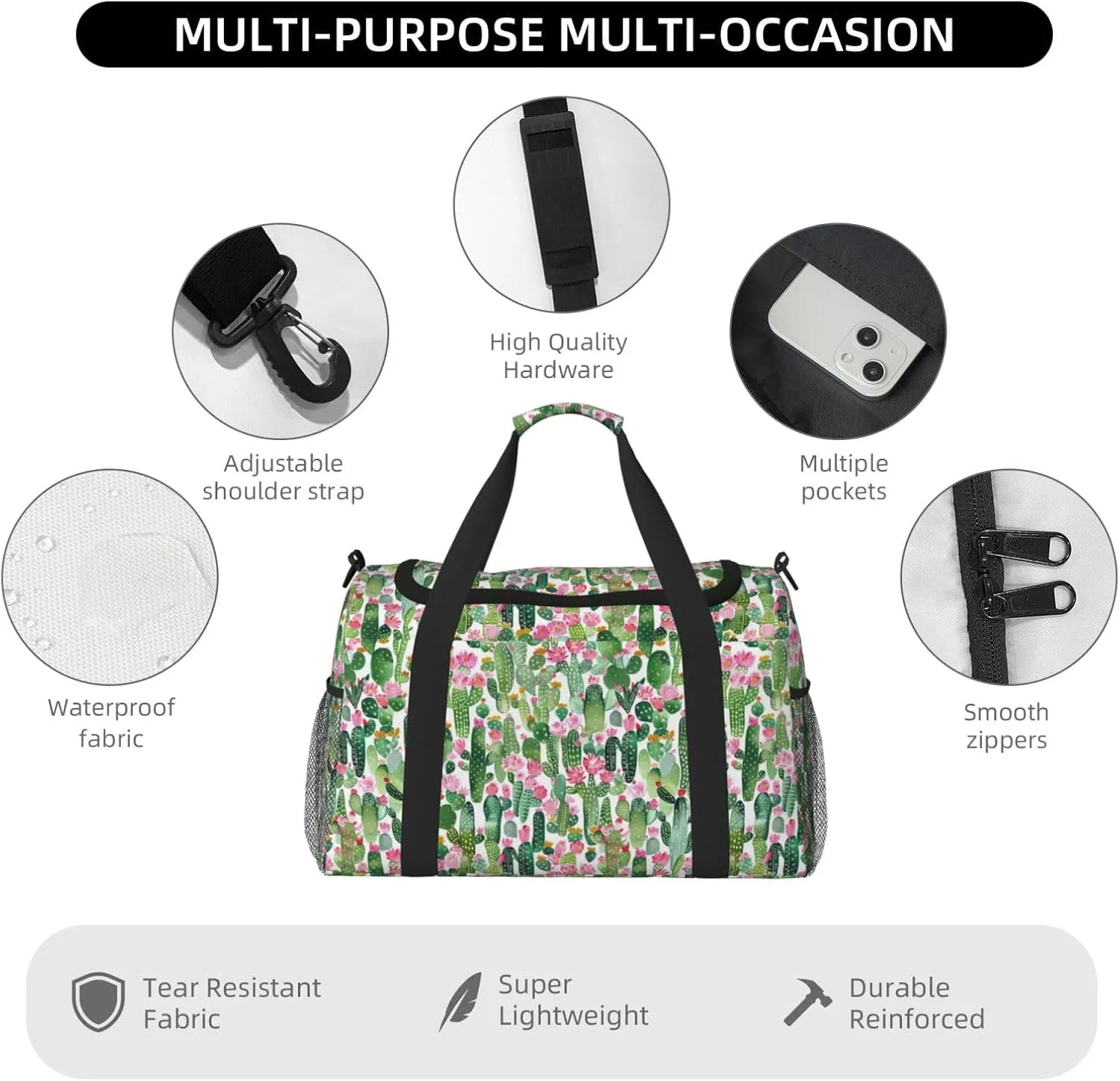 Cartoon Tropical Plant Big Capacity Sports Gym Bag Portable Travel Duffle Bag, Cactus Flowers Lightweight Weekender Workout Bag for Overnight, Unisex