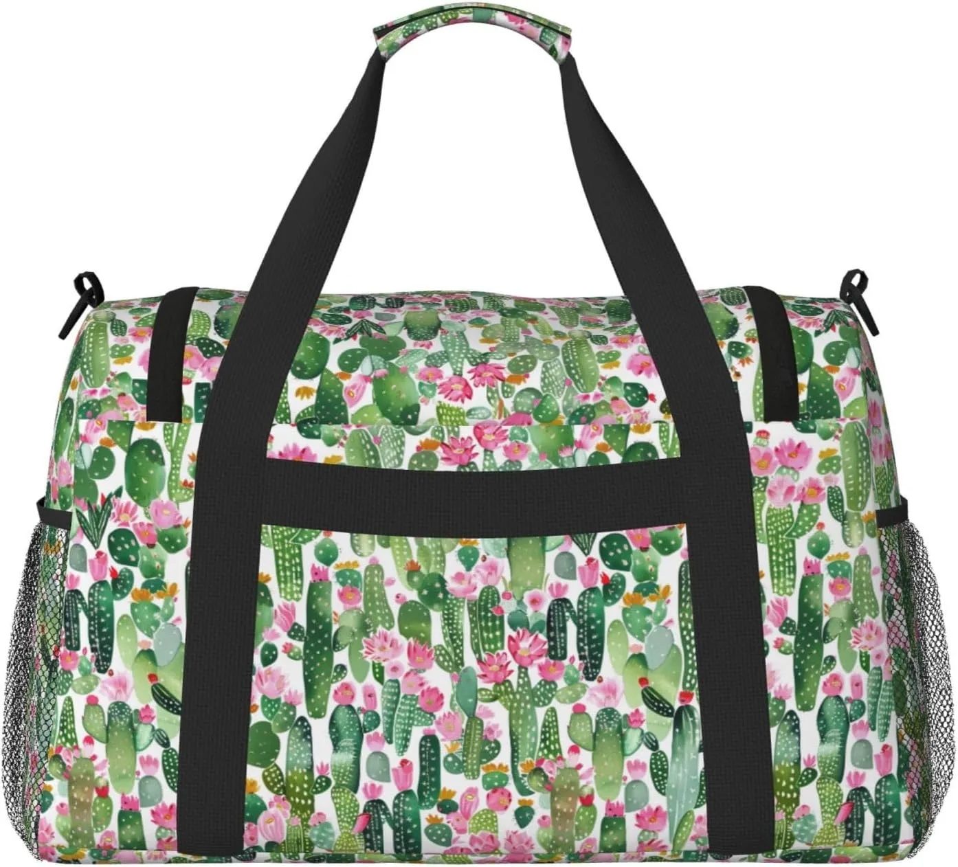 Cartoon Tropical Plant Big Capacity Sports Gym Bag Portable Travel Duffle Bag, Cactus Flowers Lightweight Weekender Workout Bag for Overnight, Unisex
