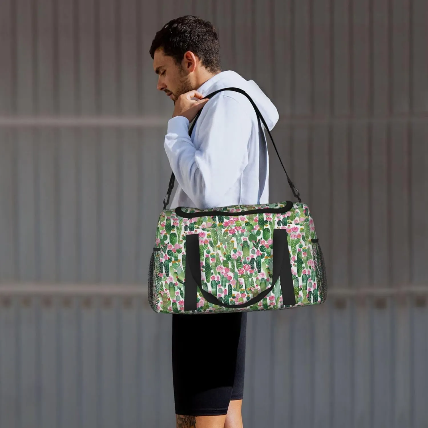 Cartoon Tropical Plant Big Capacity Sports Gym Bag Portable Travel Duffle Bag, Cactus Flowers Lightweight Weekender Workout Bag for Overnight, Unisex