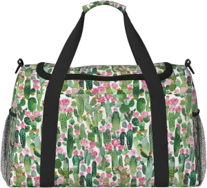 Cartoon Tropical Plant Big Capacity Sports Gym Bag Portable Travel Duffle Bag, Cactus Flowers Lightweight Weekender Workout Bag for Overnight, Unisex