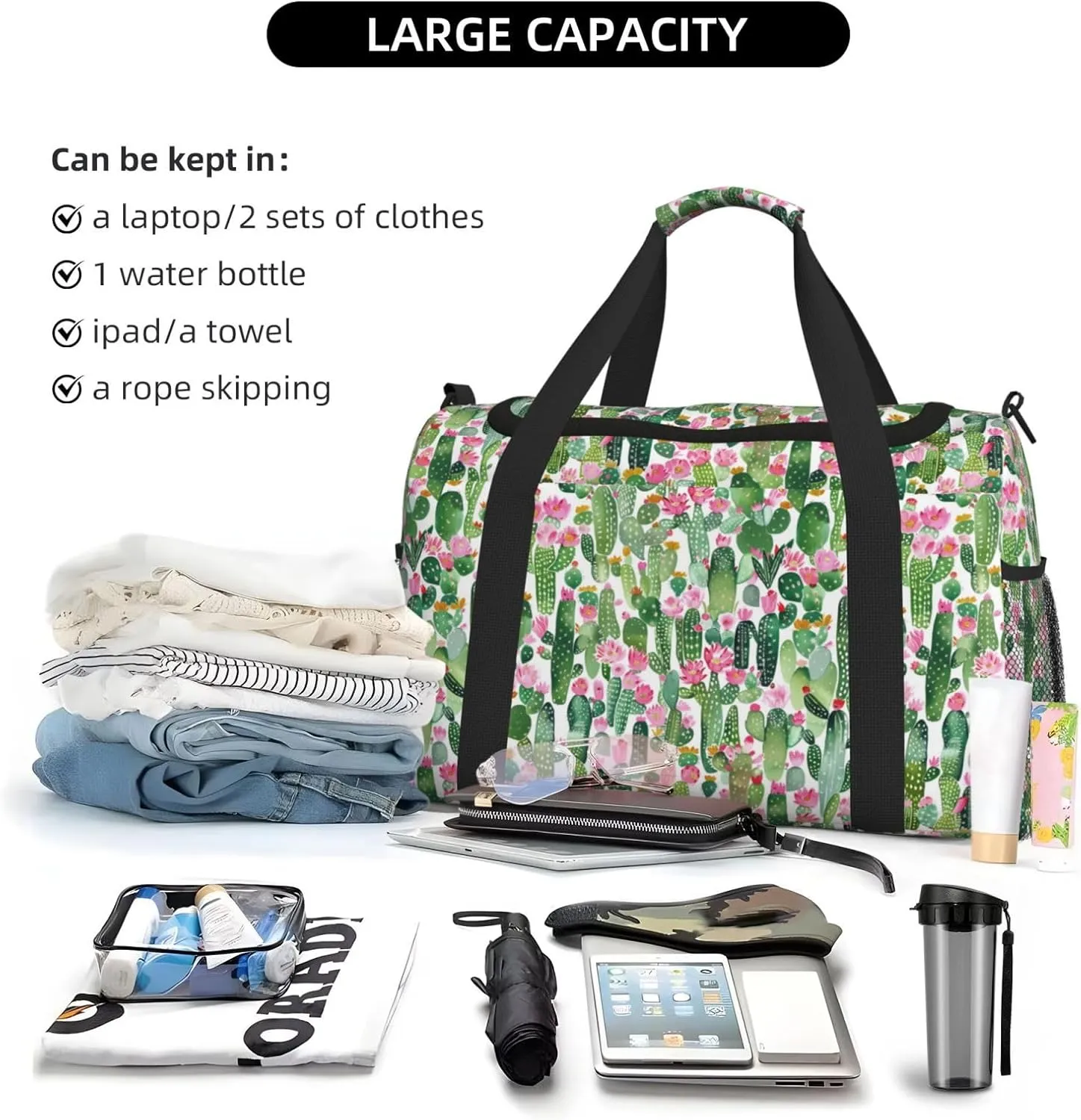 Cartoon Tropical Plant Big Capacity Sports Gym Bag Portable Travel Duffle Bag, Cactus Flowers Lightweight Weekender Workout Bag for Overnight, Unisex