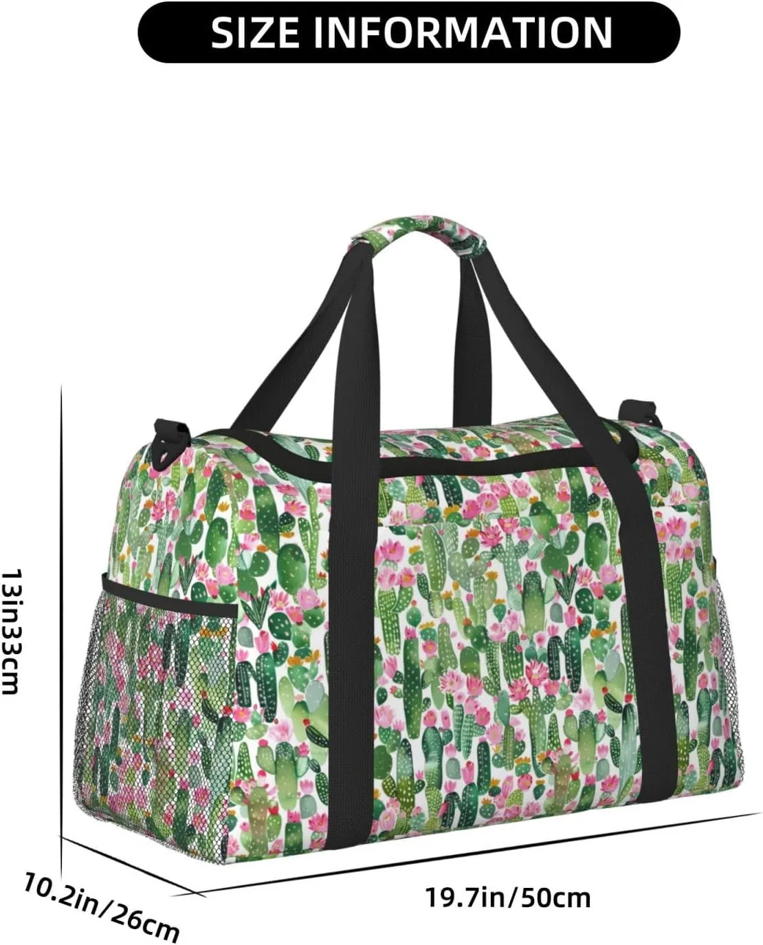 Cartoon Tropical Plant Big Capacity Sports Gym Bag Portable Travel Duffle Bag, Cactus Flowers Lightweight Weekender Workout Bag for Overnight, Unisex