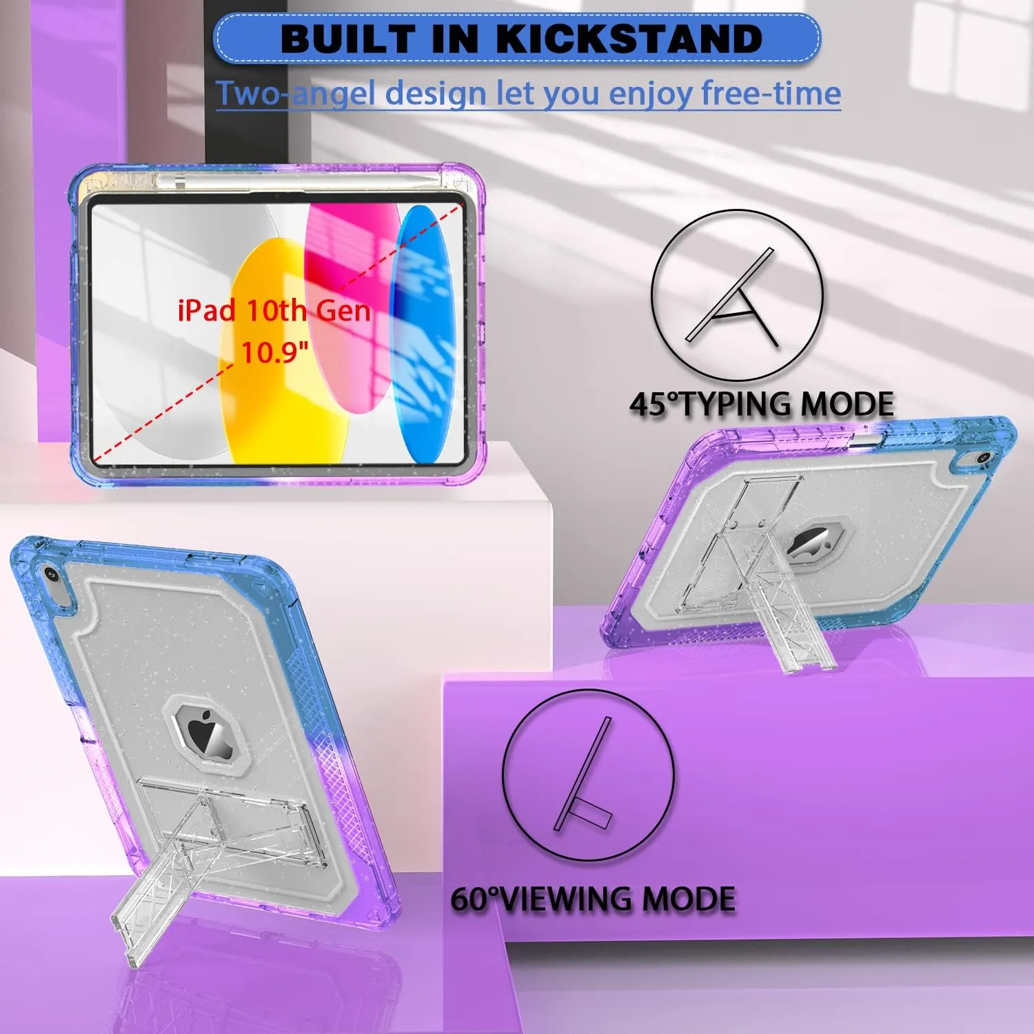Case for iPad 11-inch (A16) 2025 / iPad 10th Gen 10.9 inch 2022, Heavy Duty Shockproof Rugged Protective with Pencil Holder, 11th / 10th Translucent Cover with Kickstand Kids, Blue to Purple