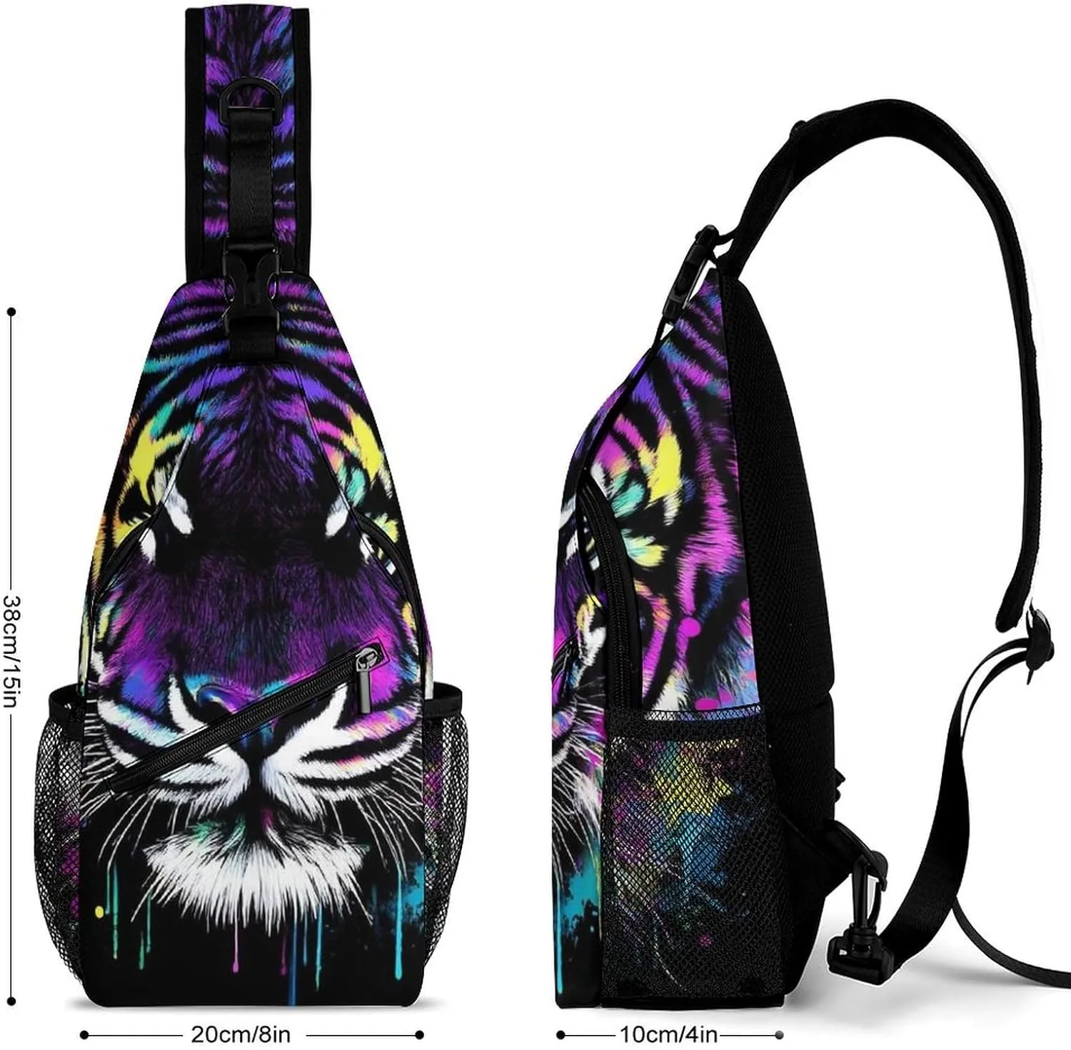Casual Crossbody Bag for Women, Large Capacity Sling Chest Bag Neon Splash Ink Tiger Art Gym Shoulder Daypack for Hiking Travel Sport