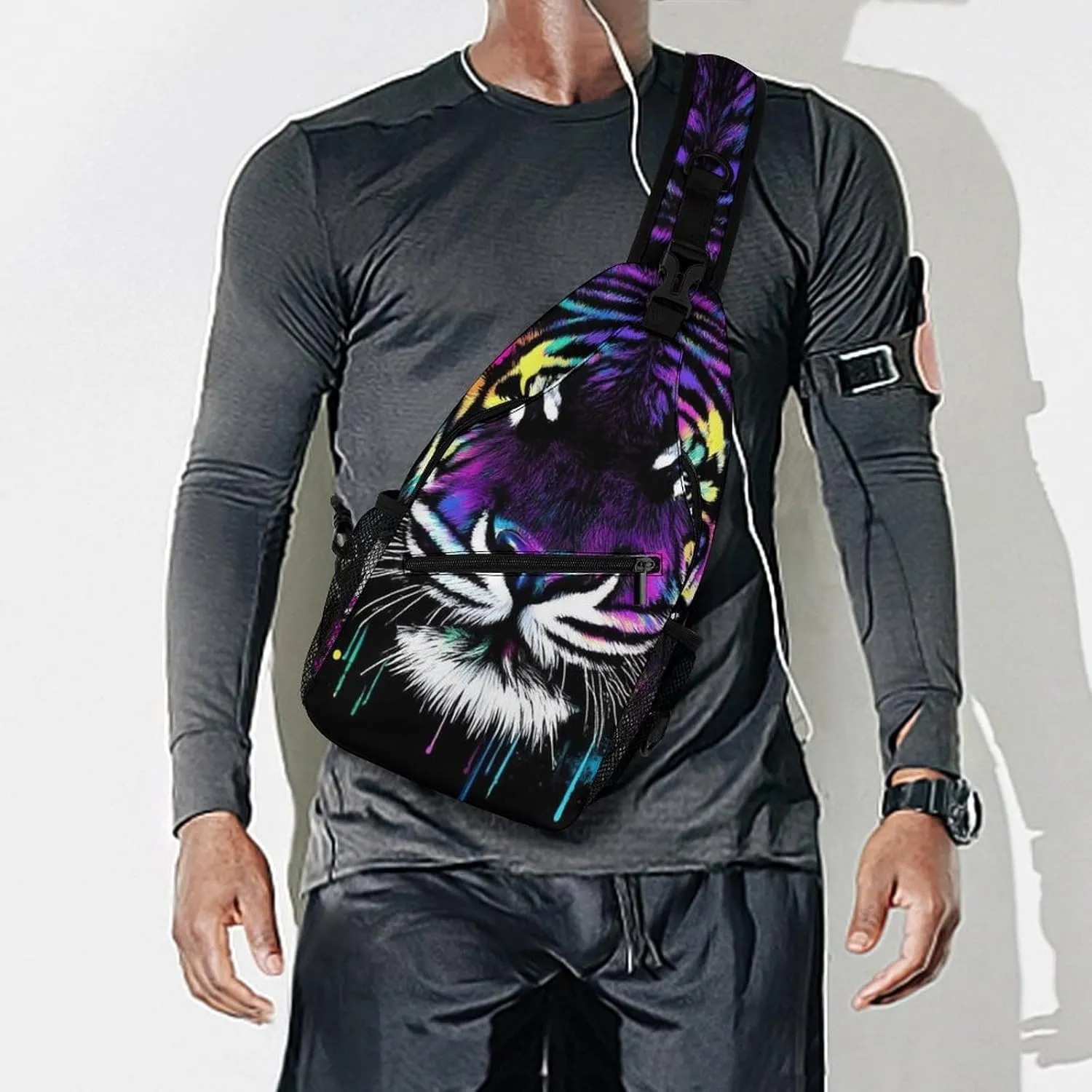 Casual Crossbody Bag for Women, Large Capacity Sling Chest Bag Neon Splash Ink Tiger Art Gym Shoulder Daypack for Hiking Travel Sport