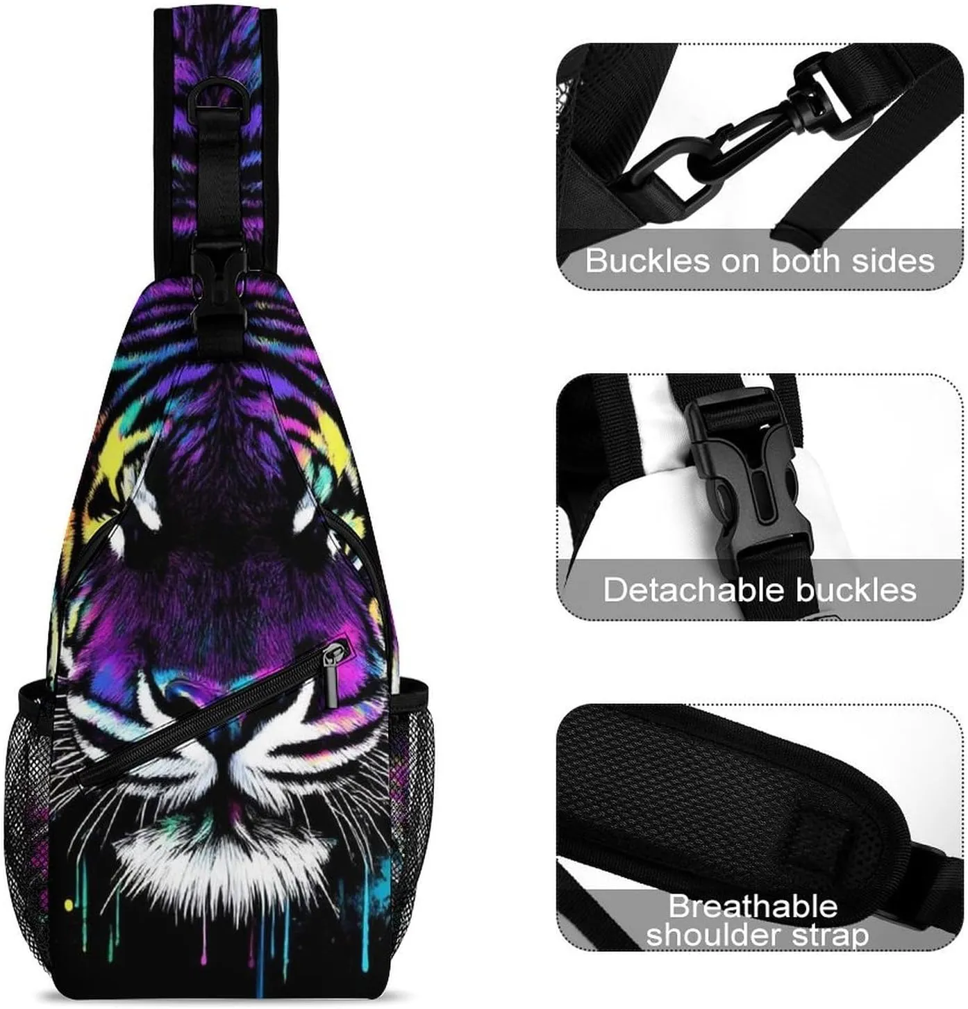 Casual Crossbody Bag for Women, Large Capacity Sling Chest Bag Neon Splash Ink Tiger Art Gym Shoulder Daypack for Hiking Travel Sport