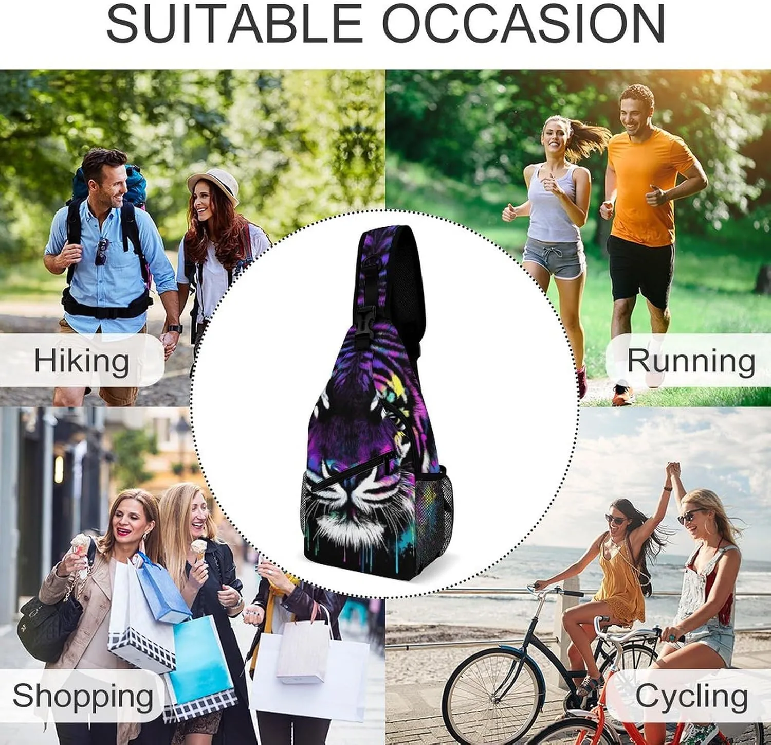 Casual Crossbody Bag for Women, Large Capacity Sling Chest Bag Neon Splash Ink Tiger Art Gym Shoulder Daypack for Hiking Travel Sport