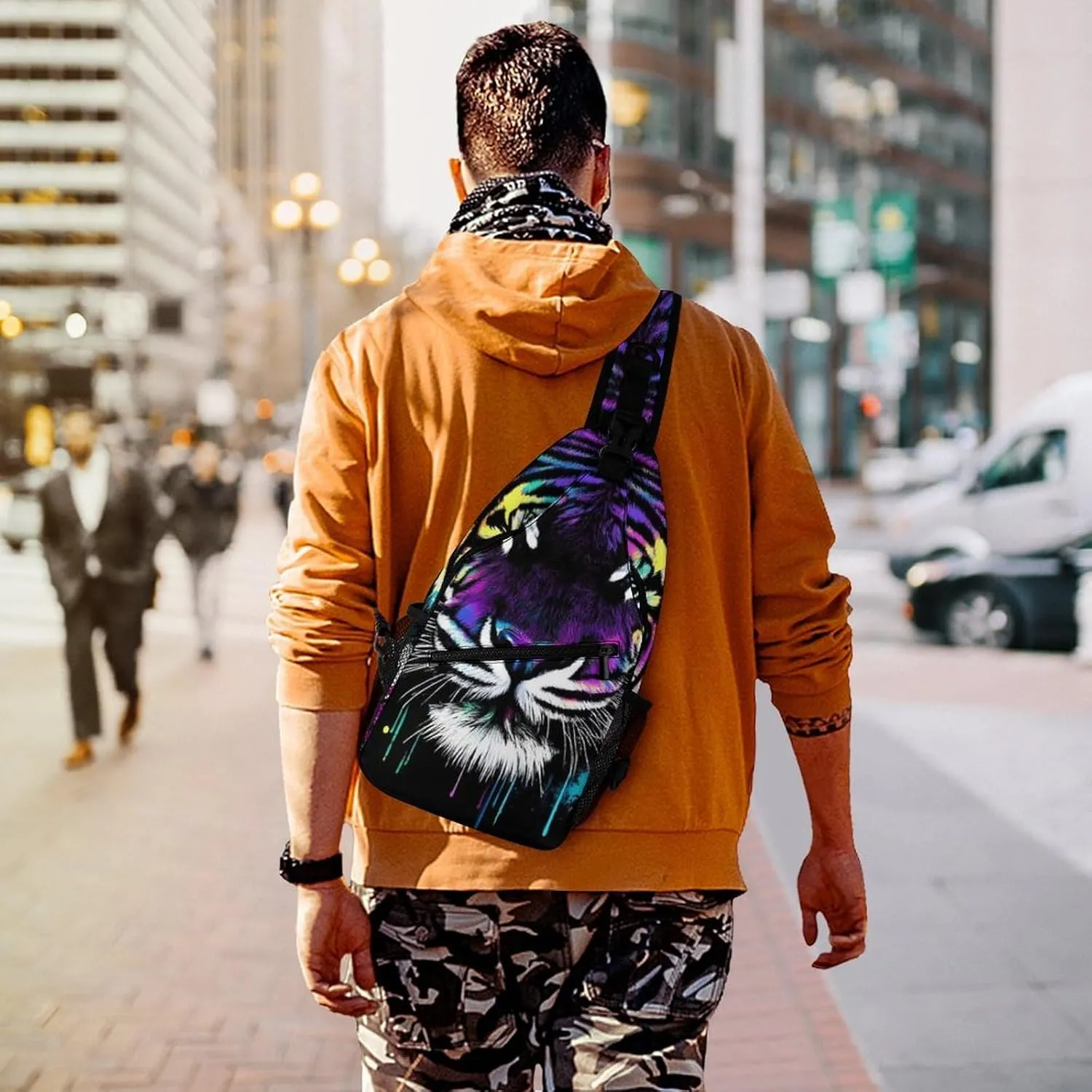 Casual Crossbody Bag for Women, Large Capacity Sling Chest Bag Neon Splash Ink Tiger Art Gym Shoulder Daypack for Hiking Travel Sport