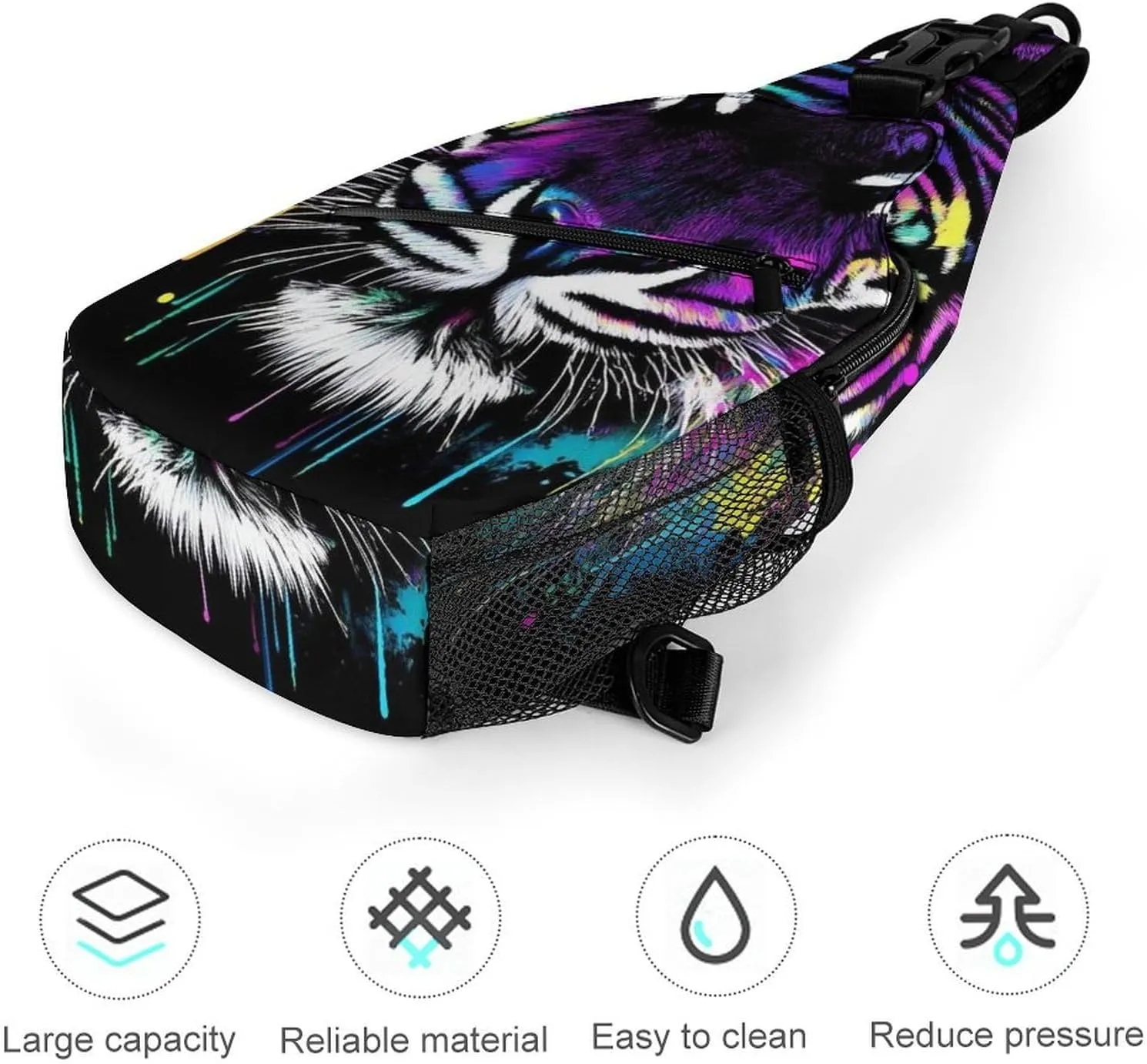 Casual Crossbody Bag for Women, Large Capacity Sling Chest Bag Neon Splash Ink Tiger Art Gym Shoulder Daypack for Hiking Travel Sport