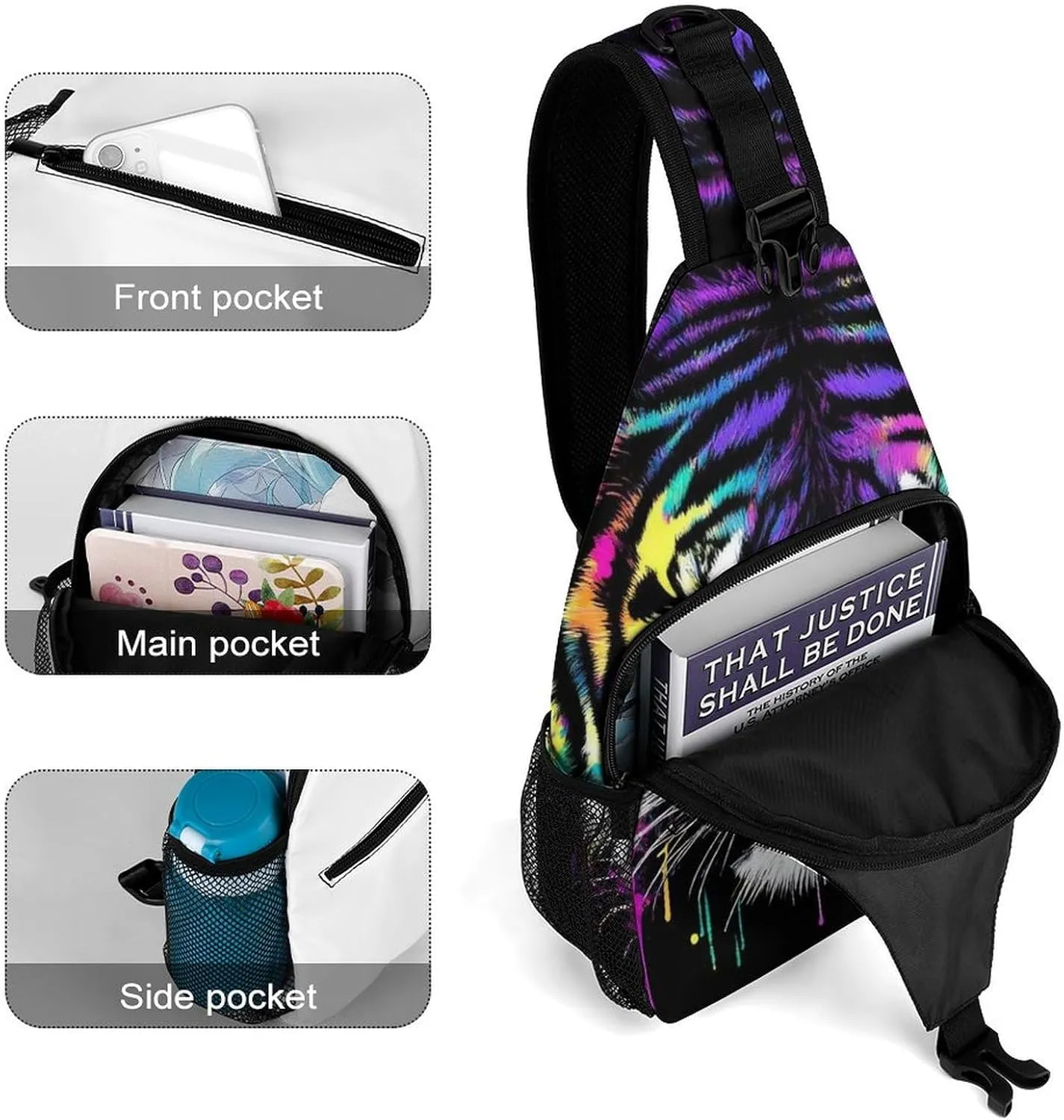 Casual Crossbody Bag for Women, Large Capacity Sling Chest Bag Neon Splash Ink Tiger Art Gym Shoulder Daypack for Hiking Travel Sport
