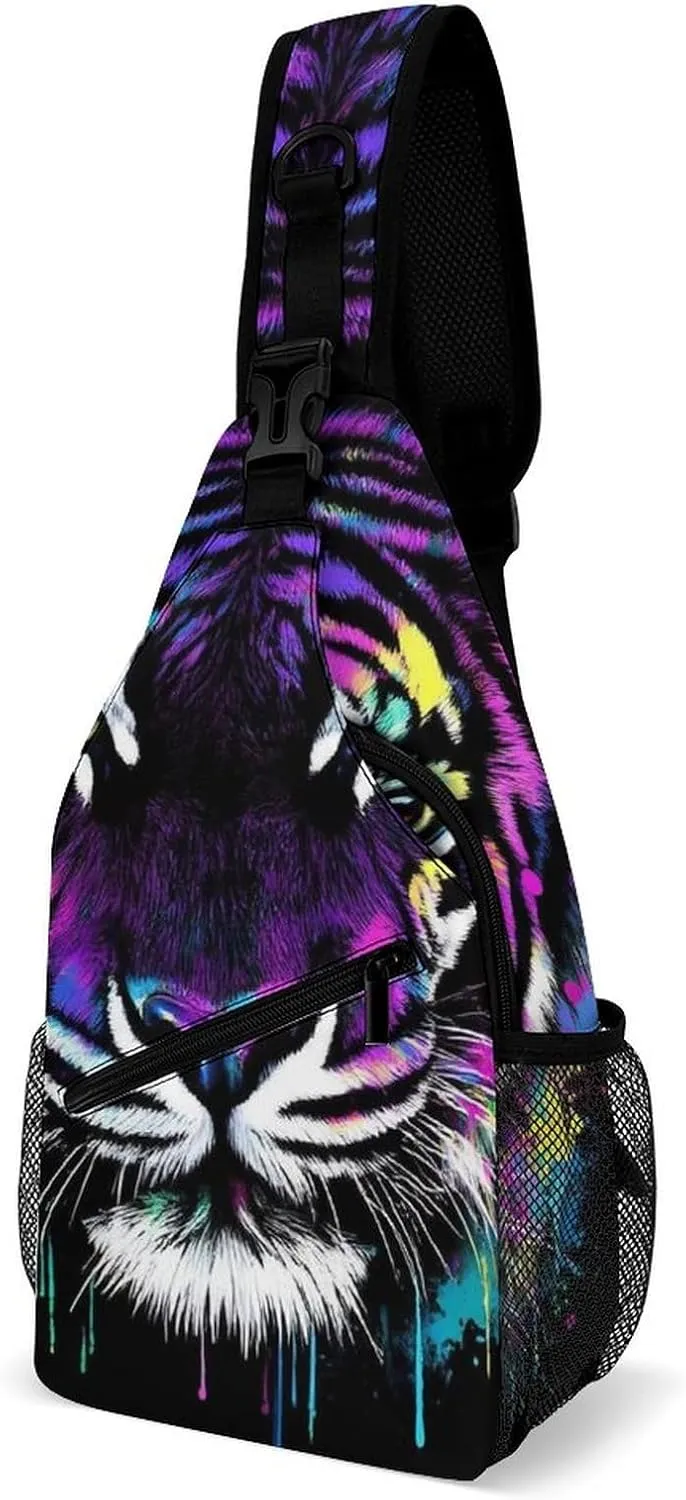 Casual Crossbody Bag for Women, Large Capacity Sling Chest Bag Neon Splash Ink Tiger Art Gym Shoulder Daypack for Hiking Travel Sport