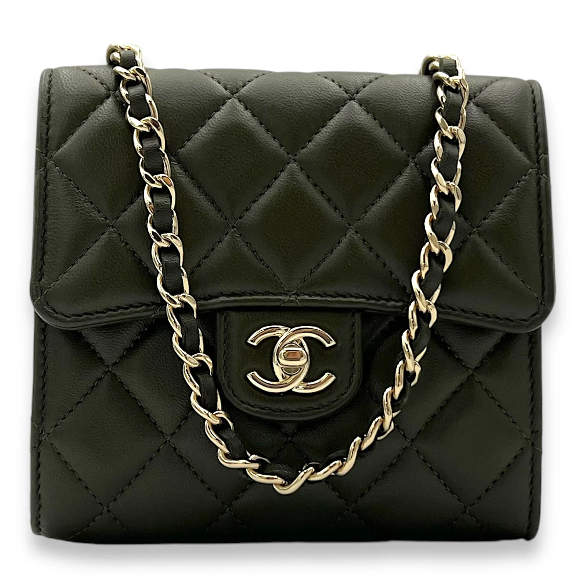 CC Card Wallet Crossbody Bag Green in Lambskin, Gold hardware