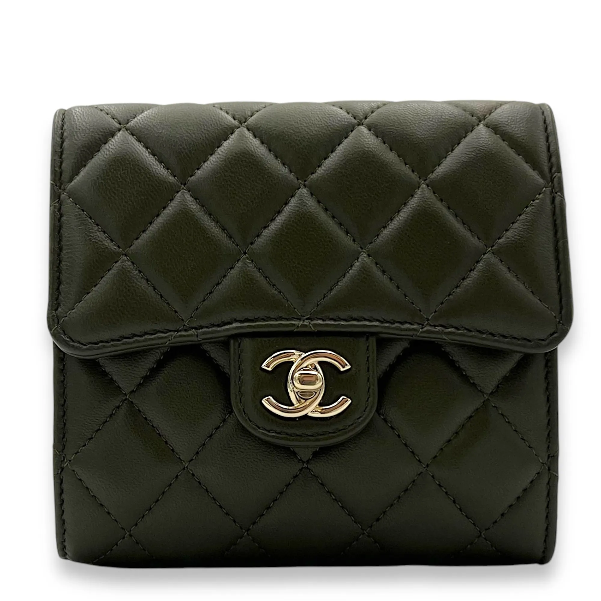 CC Card Wallet Crossbody Bag Green in Lambskin, Gold hardware