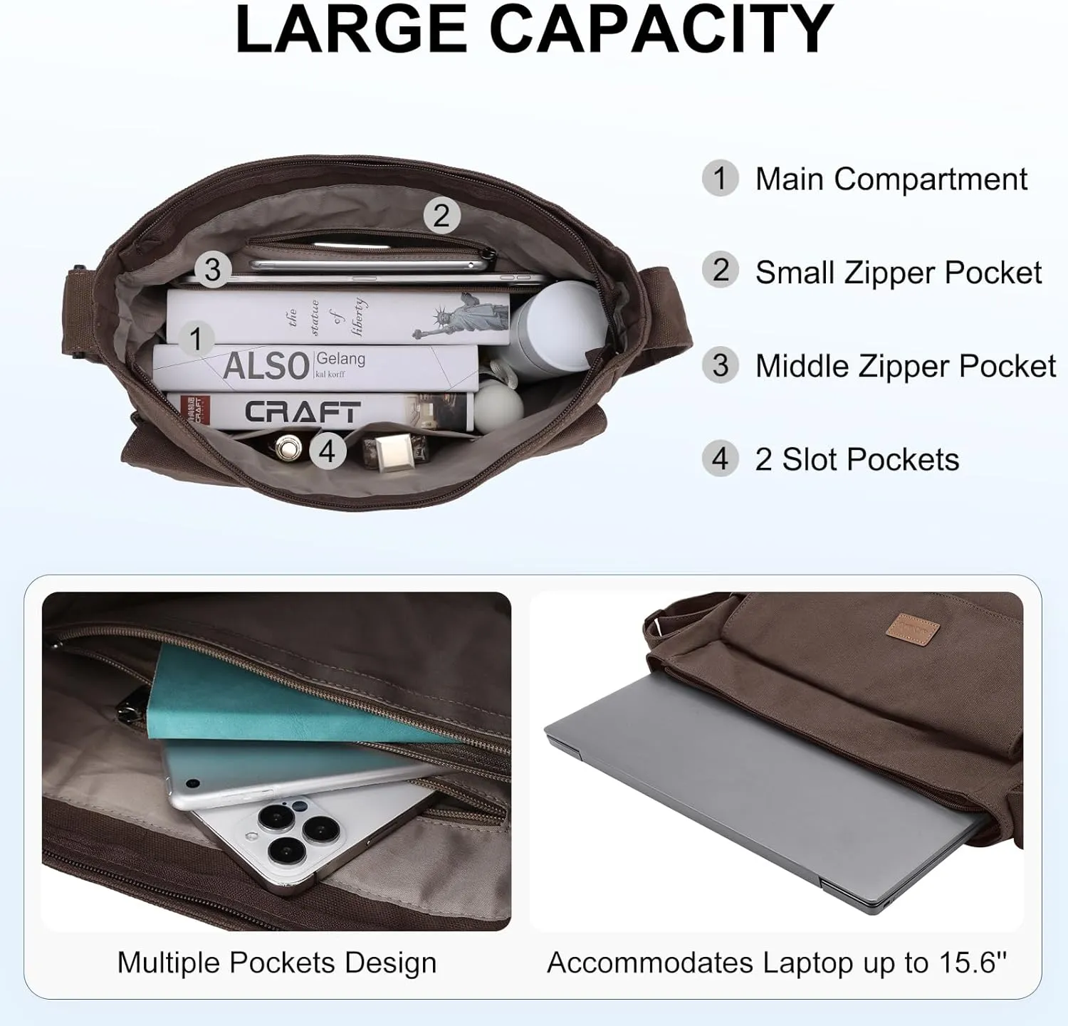 Chase Chic Canvas Messenger Bag, Large Laptop Crossbody Sholder Satchel Work College Tote Bag for Men Women