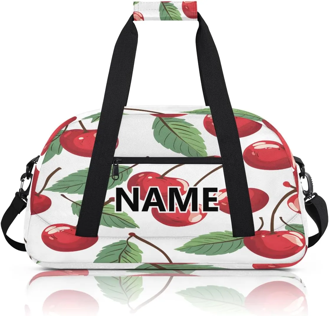 Cherry Mini Gym Bag 18 inch for Women Men Waterproof Custom Fruits and Leaves Travel Duffel Bag Carry On Overnight Tote Nurse Bag for Work Fitness Hiking