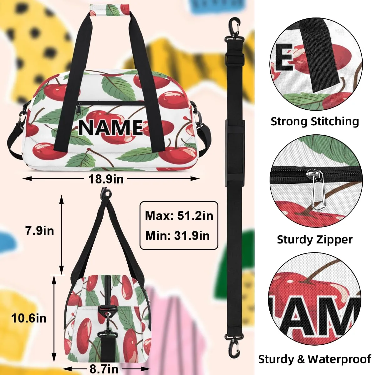 Cherry Mini Gym Bag 18 inch for Women Men Waterproof Custom Fruits and Leaves Travel Duffel Bag Carry On Overnight Tote Nurse Bag for Work Fitness Hiking